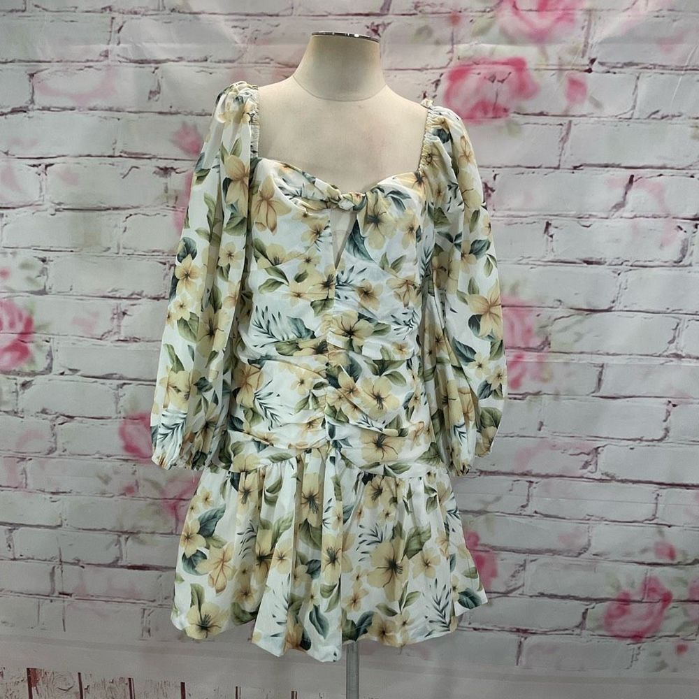 Avant Look Women's Puff Sleeve Off The Shoulder Floral Pleated Dress Cream Size - Picture 4 of 14